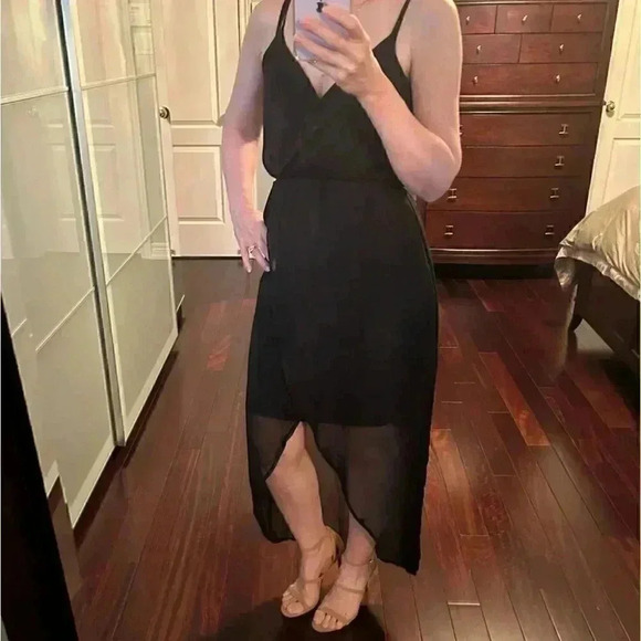 Smart Set Midi Maxi Dress Black Sheer Flowy High Low Wrap Front Asymmetric XS - Picture 13 of 16